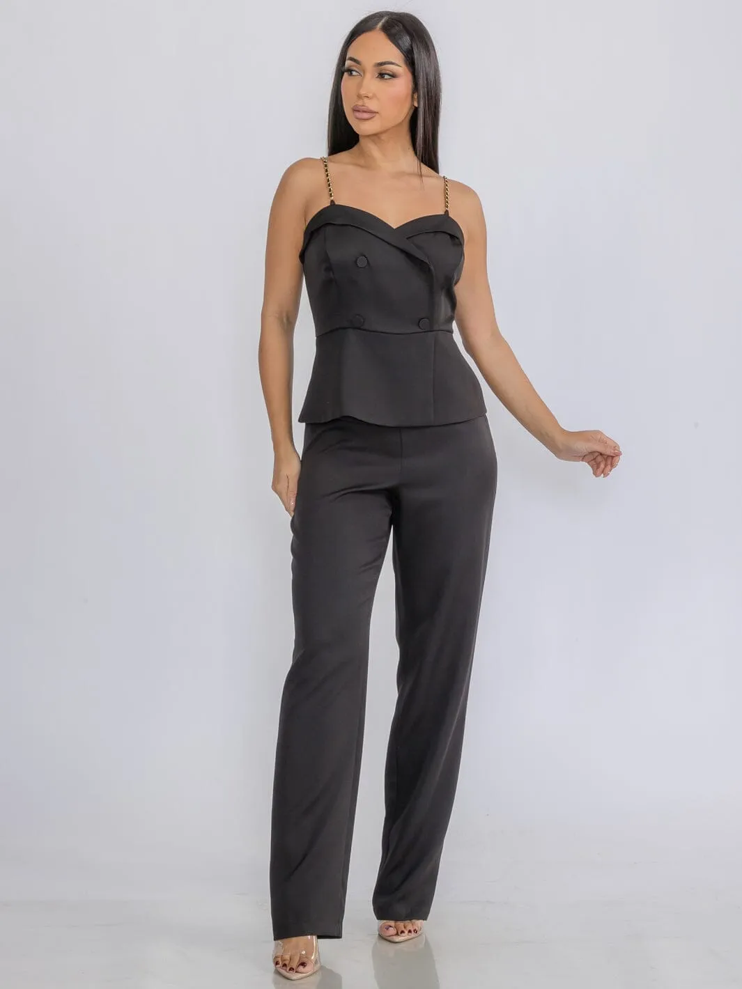 WOMEN'S SLEEVELESS SURPLICE BUTTONS DETAILED WIDE LEG JUMPSUIT