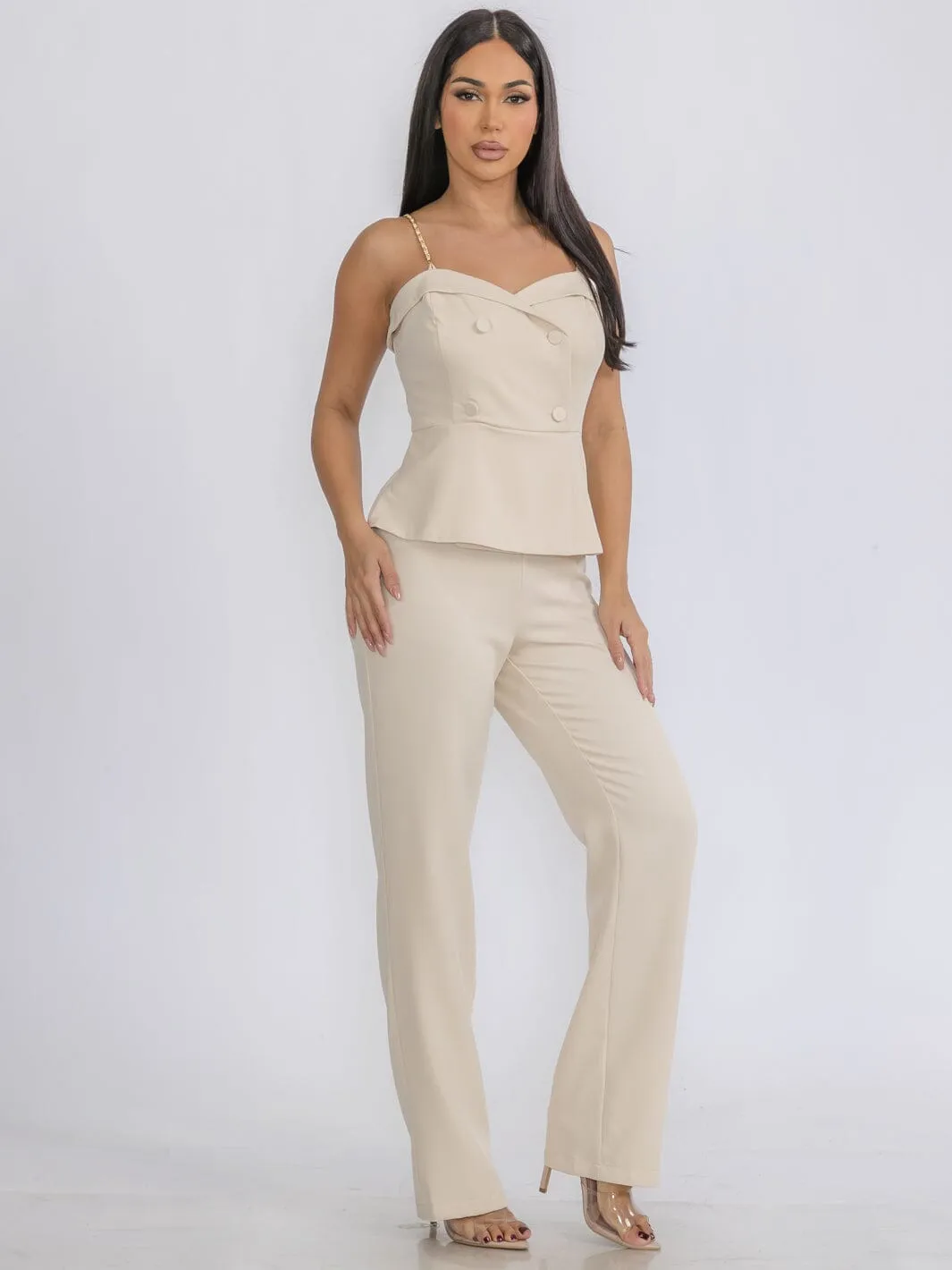 WOMEN'S SLEEVELESS SURPLICE BUTTONS DETAILED WIDE LEG JUMPSUIT