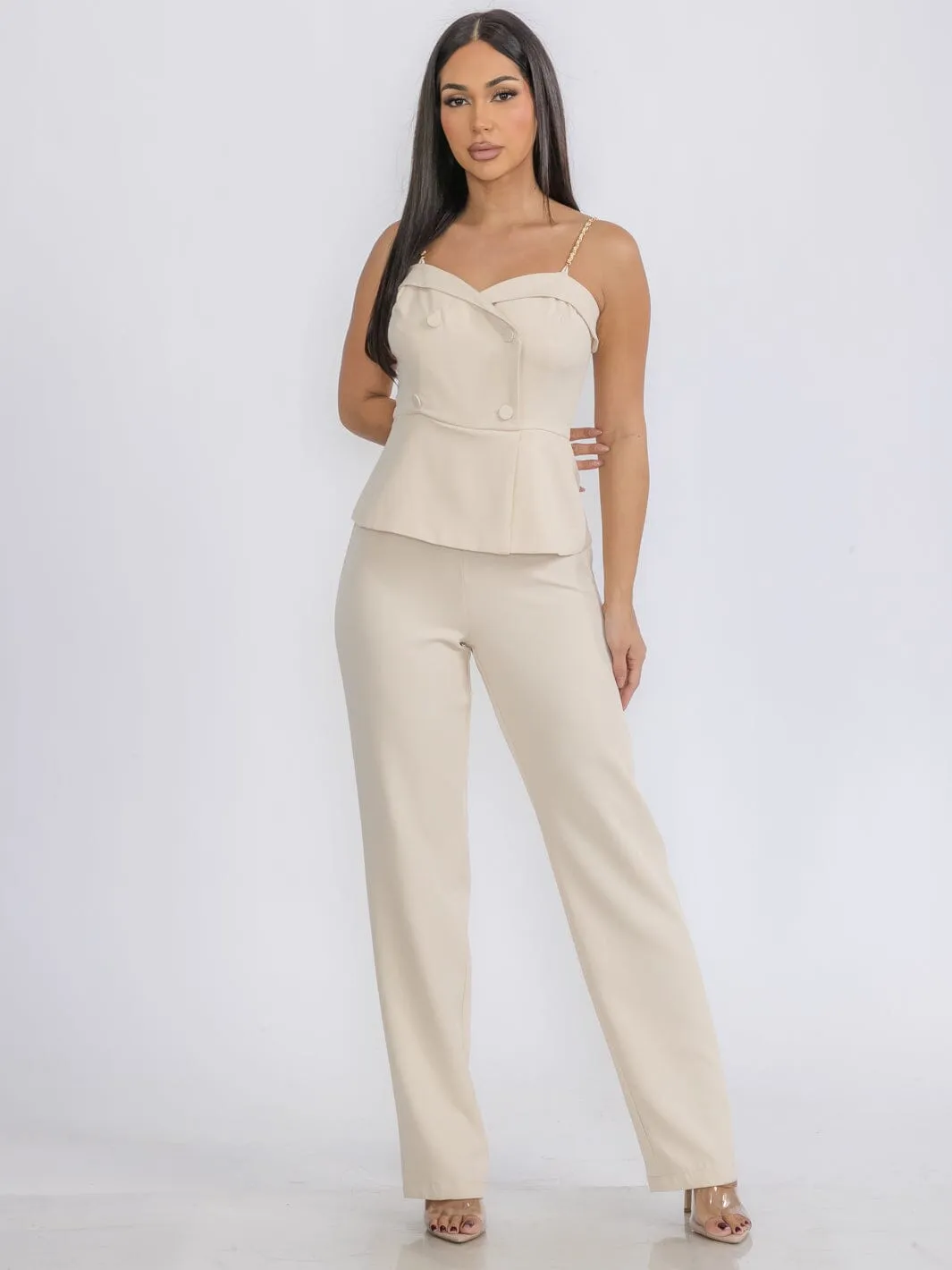 WOMEN'S SLEEVELESS SURPLICE BUTTONS DETAILED WIDE LEG JUMPSUIT