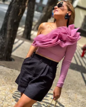 Women's Solid Color One Shoulder Slim Crop Tops