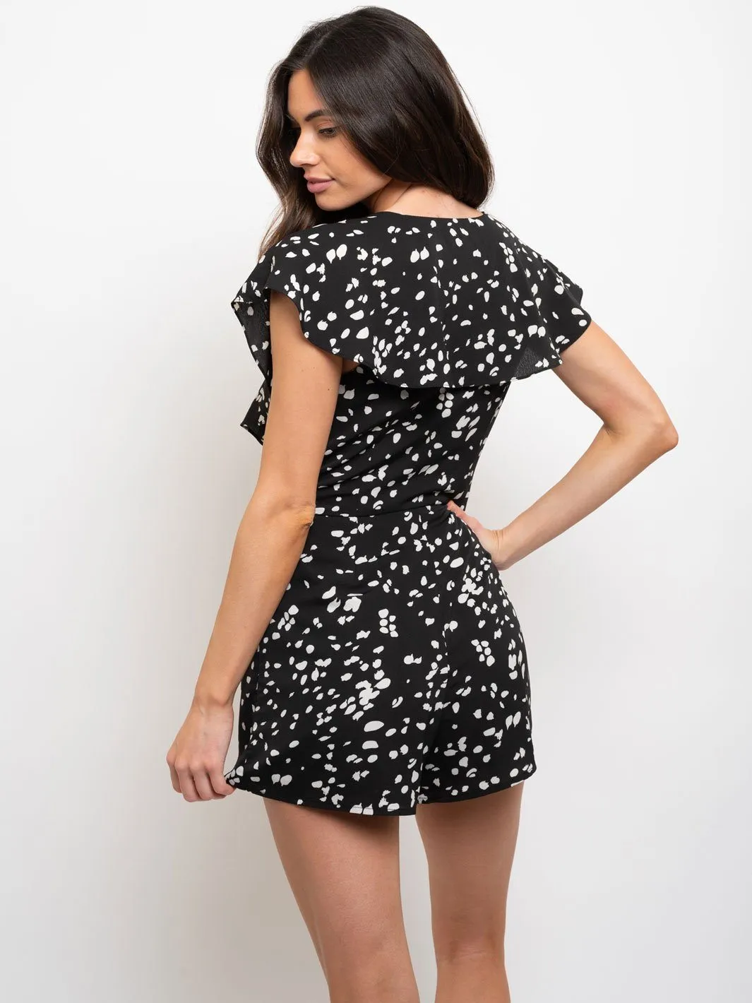 WOMEN'S SURPLICE RUFFLE DETAILS PRINTED ROMPER
