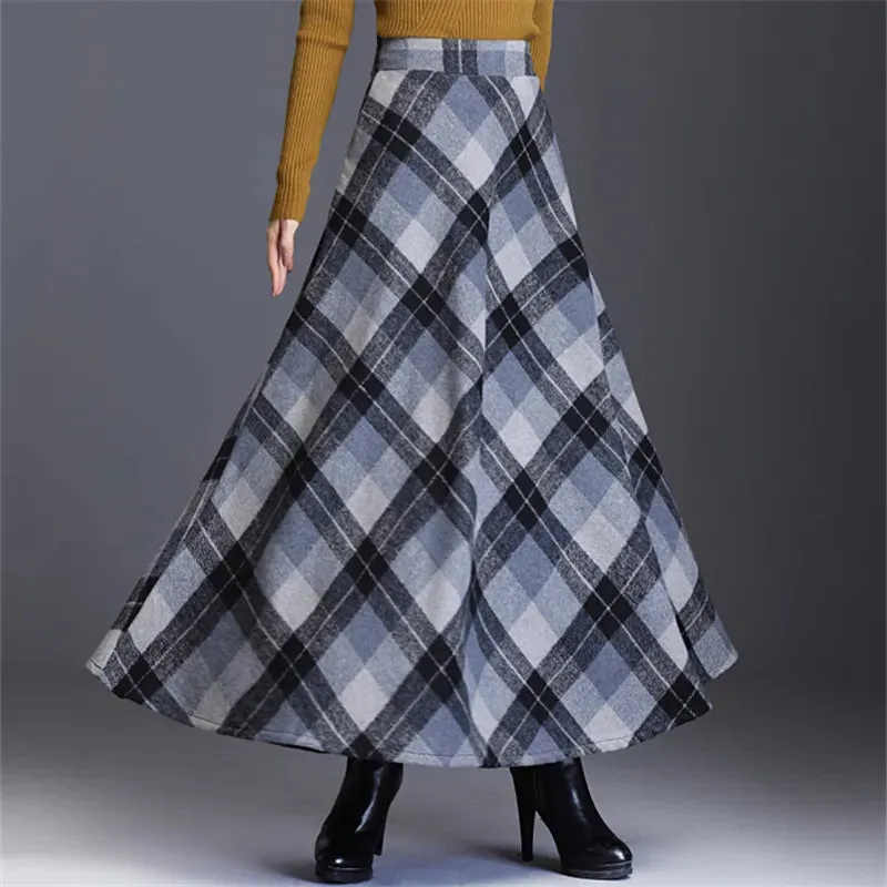 Women's Wool Thick Warm Plaid Skirts British Style Clothing with Pockets Pleated A-Line Midi Tartan Skirt