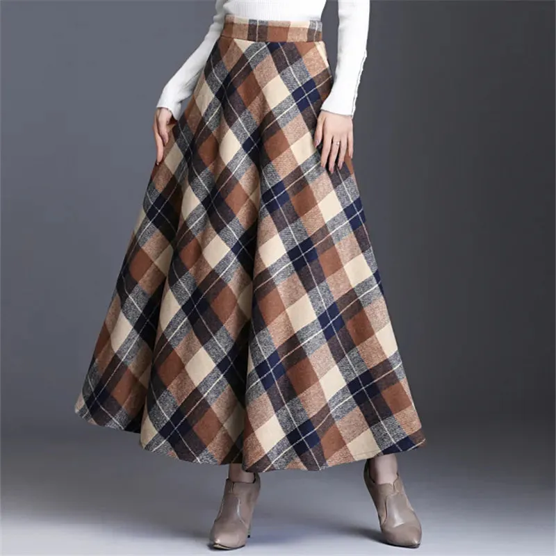 Women's Wool Thick Warm Plaid Skirts British Style Clothing with Pockets Pleated A-Line Midi Tartan Skirt