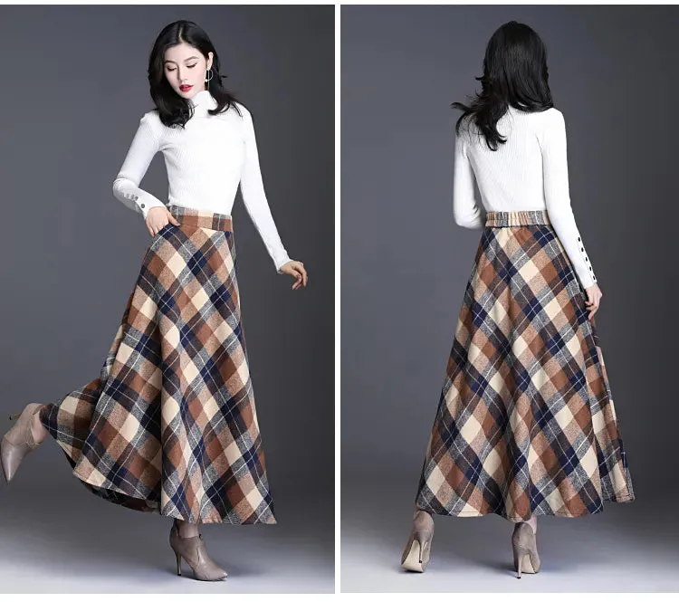 Women's Wool Thick Warm Plaid Skirts British Style Clothing with Pockets Pleated A-Line Midi Tartan Skirt