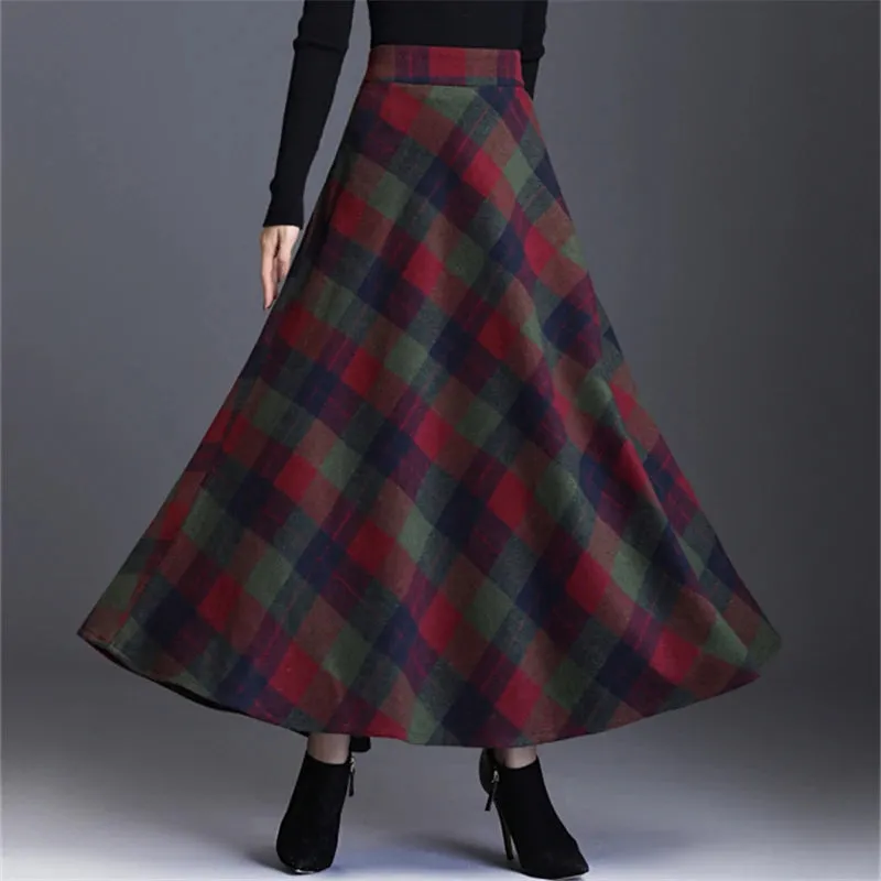Women's Wool Thick Warm Plaid Skirts British Style Clothing with Pockets Pleated A-Line Midi Tartan Skirt