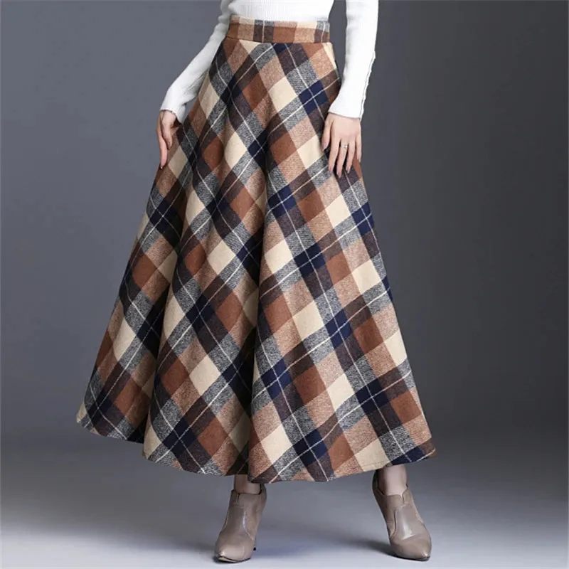 Women's Wool Thick Warm Plaid Skirts British Style Clothing with Pockets Pleated A-Line Midi Tartan Skirt