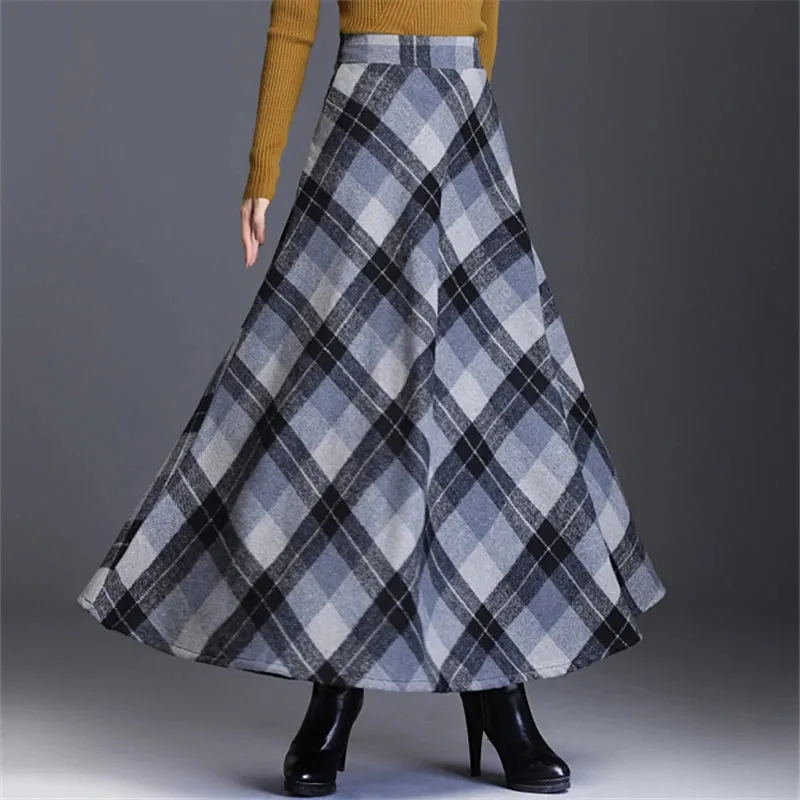 Women's Wool Thick Warm Plaid Skirts British Style Clothing with Pockets Pleated A-Line Midi Tartan Skirt
