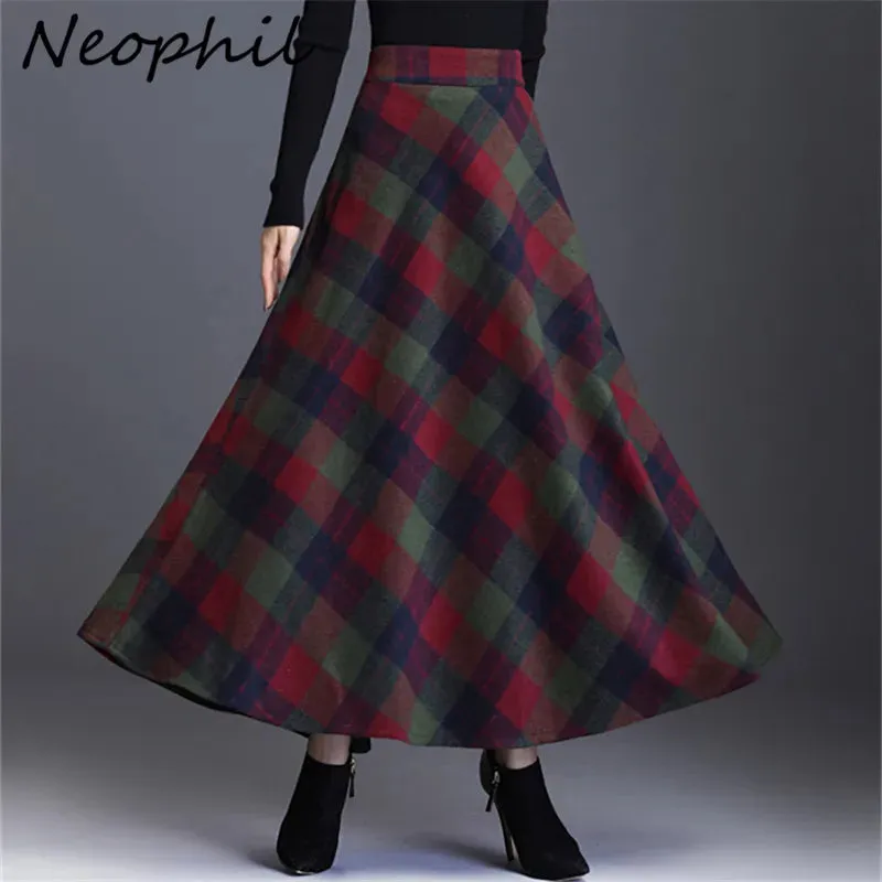 Women's Wool Thick Warm Plaid Skirts British Style Clothing with Pockets Pleated A-Line Midi Tartan Skirt