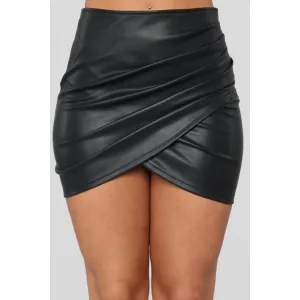 Womens Wrap Detail Genuine Black Leather Mini Skirt