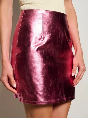 WOMEN'S ZIP UP PU PLEATHER METALLIC MINI SKIRT