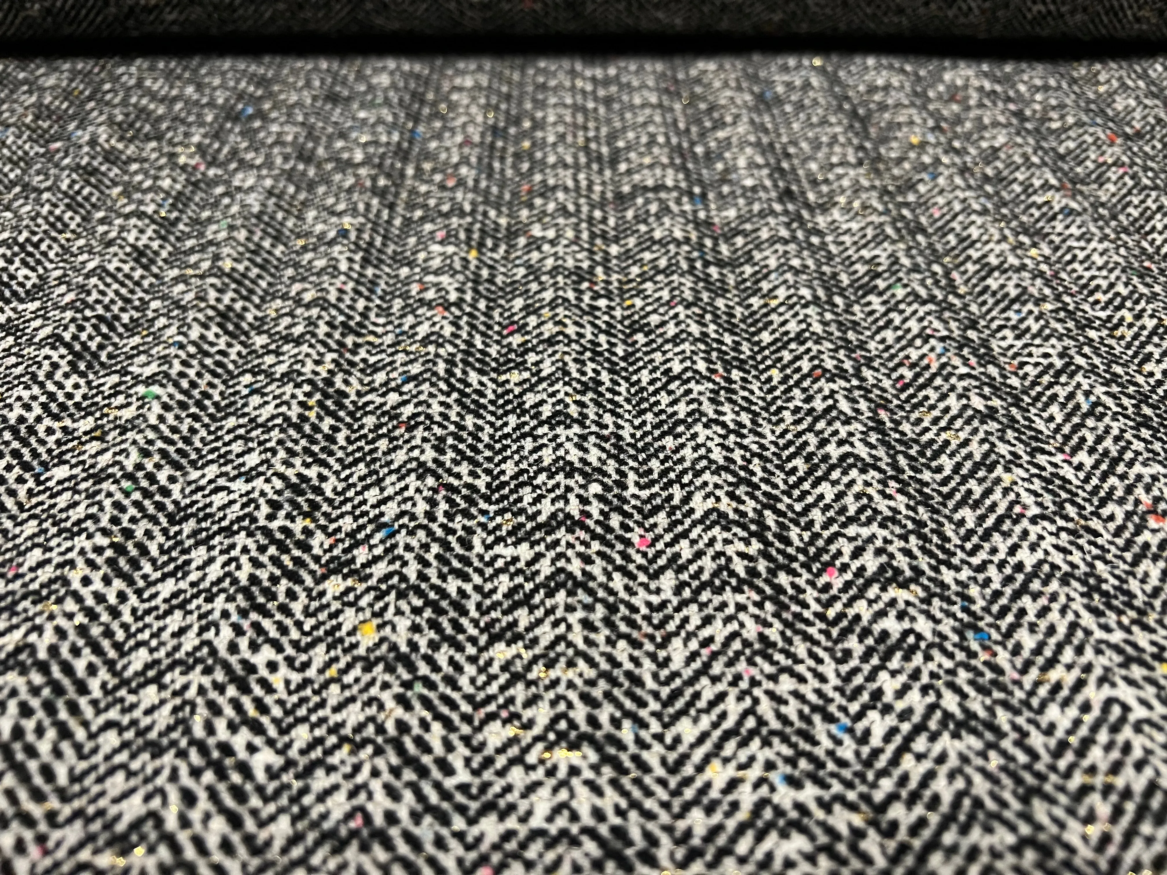 Wool blend coat jacket fabric, per metre - grey chevron jacquard with gold lurex sparkle and multicolour flecks