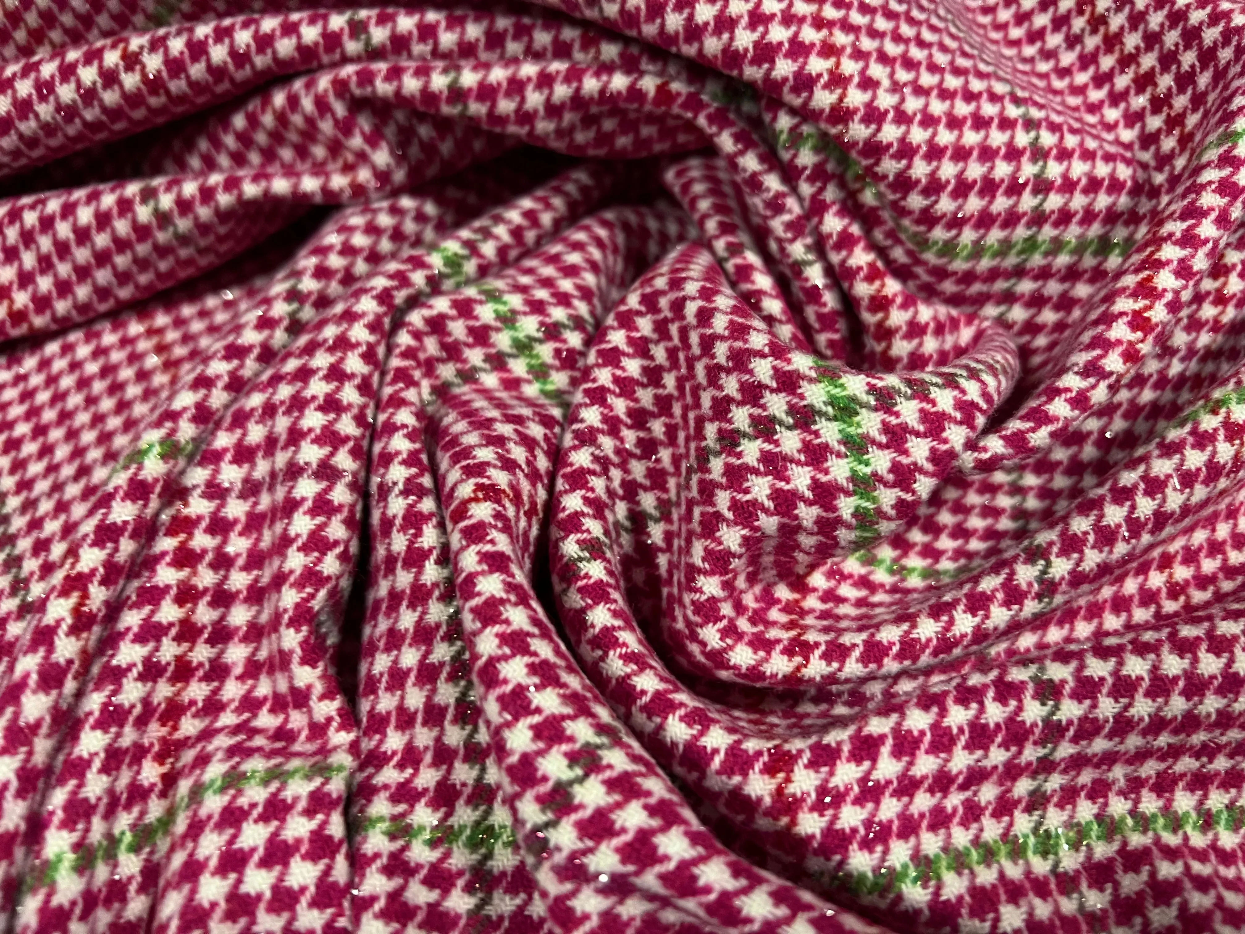 Wool flannel mouflon brushed woven fabric, per metre - check - pink with lurex sparkle