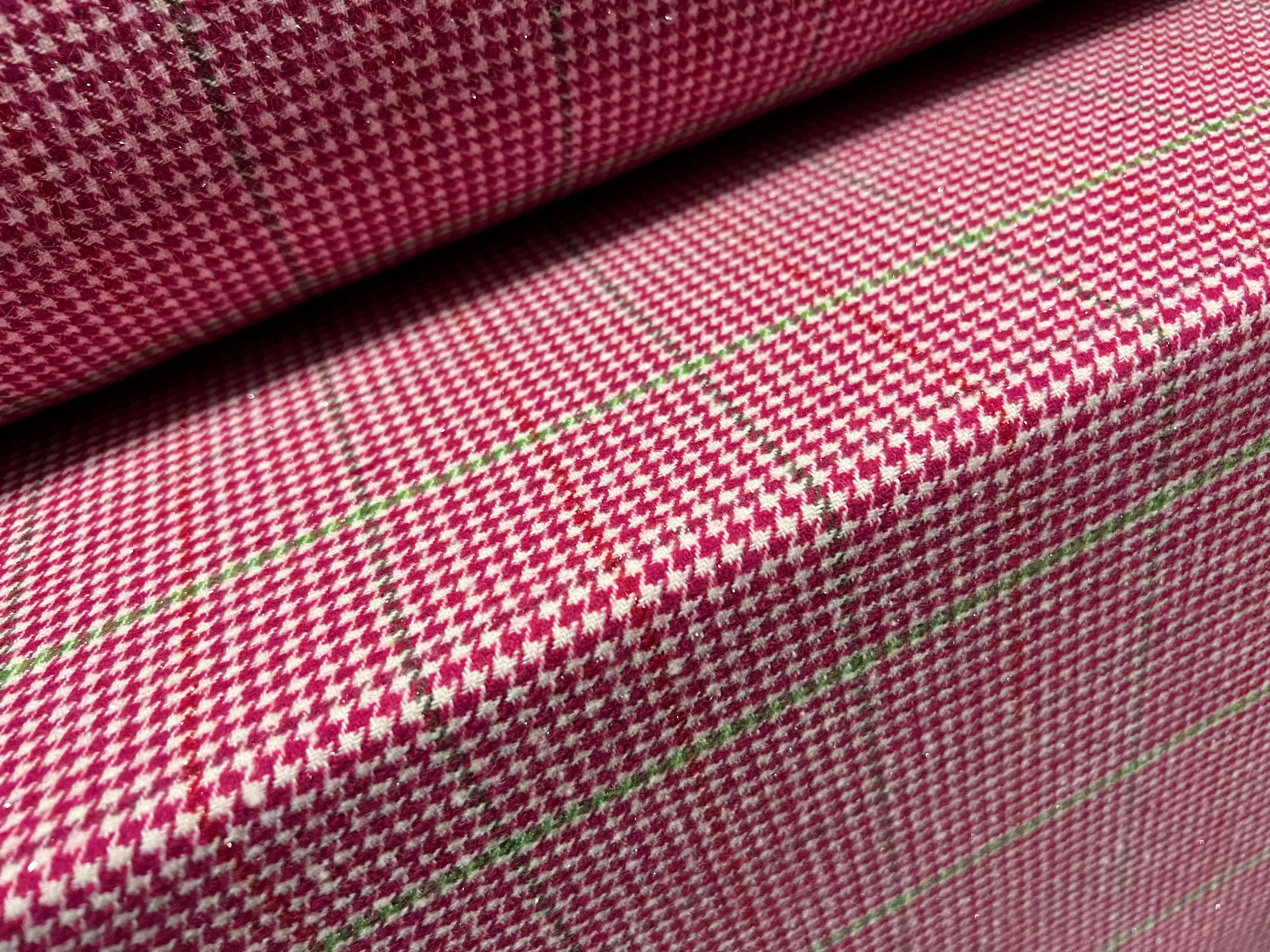 Wool flannel mouflon brushed woven fabric, per metre - check - pink with lurex sparkle