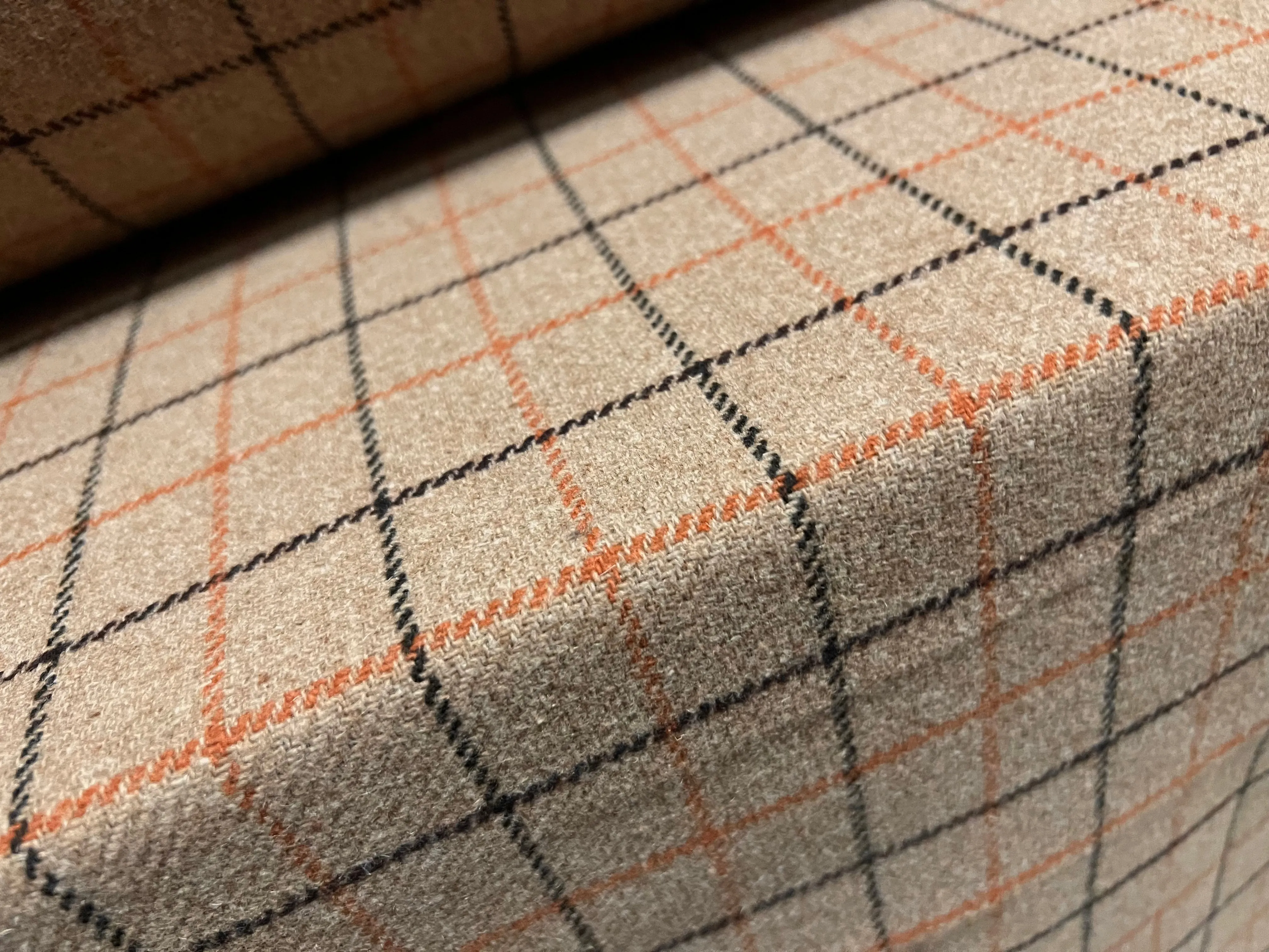 Wool jacquard woven fabric, per metre - check design - stone orange & black