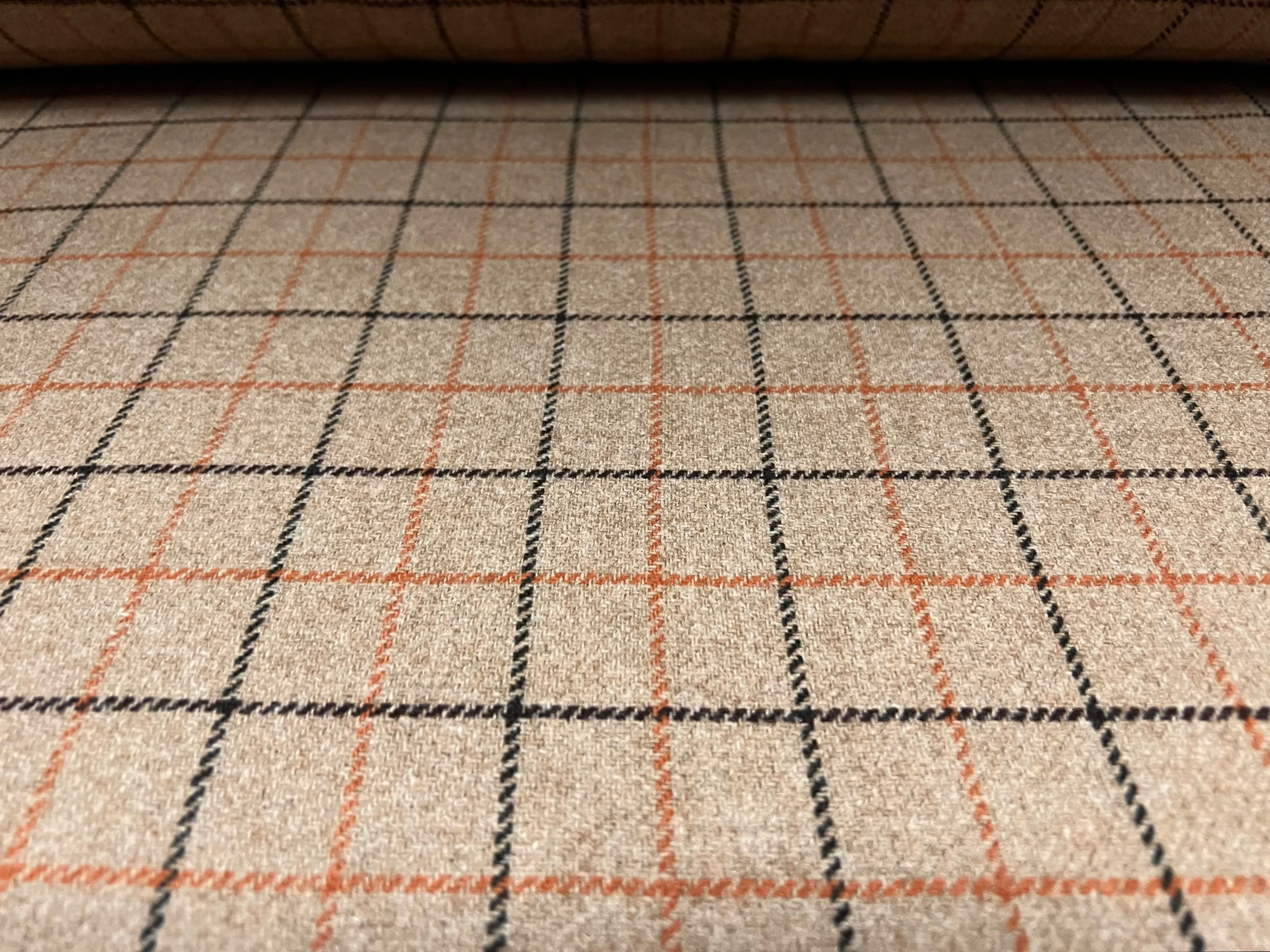 Wool jacquard woven fabric, per metre - check design - stone orange & black