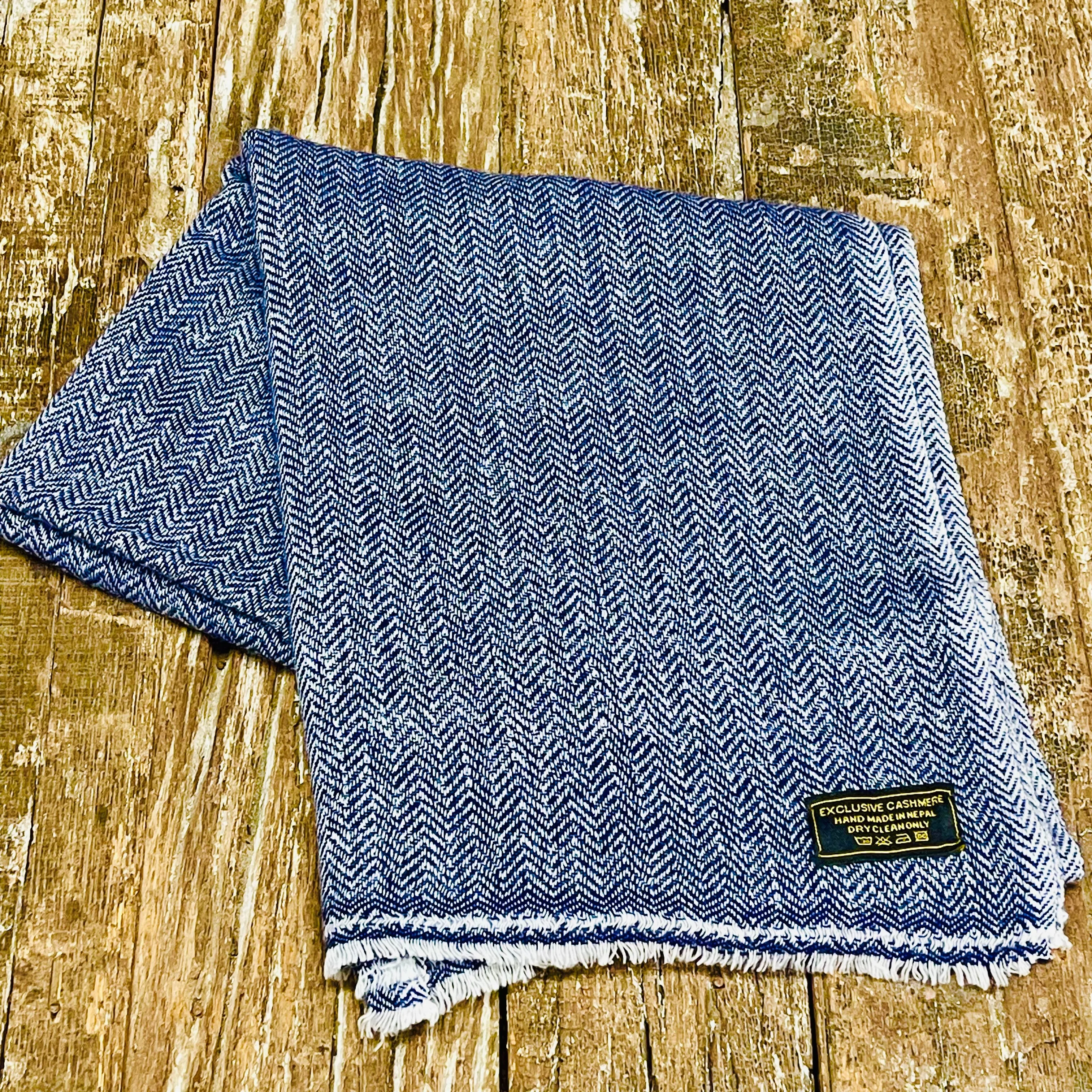 WOOL N CASHMERE BLEND 'NAVY HERRINGBONE' SOFT SHAWLS