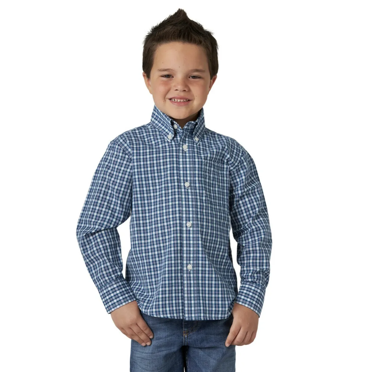 Wrangler Boy's Riata Long Sleeve Plaid Button Up Shirt - Blue