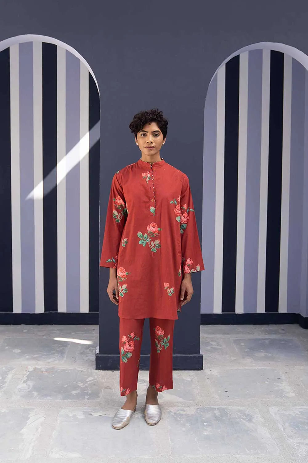 YAM   I   Valencia GULKAND RED KURTA SET 2  (KURTA & PANTS) COTTON RED YAMBILLIE06