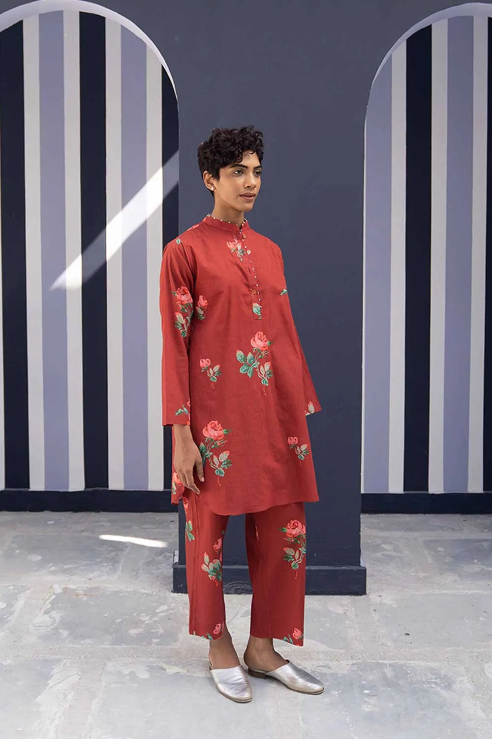 YAM   I   Valencia GULKAND RED KURTA SET 2  (KURTA & PANTS) COTTON RED YAMBILLIE06
