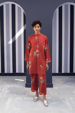 YAM   I   Valencia GULKAND RED KURTA SET 2  (KURTA & PANTS) COTTON RED YAMBILLIE06