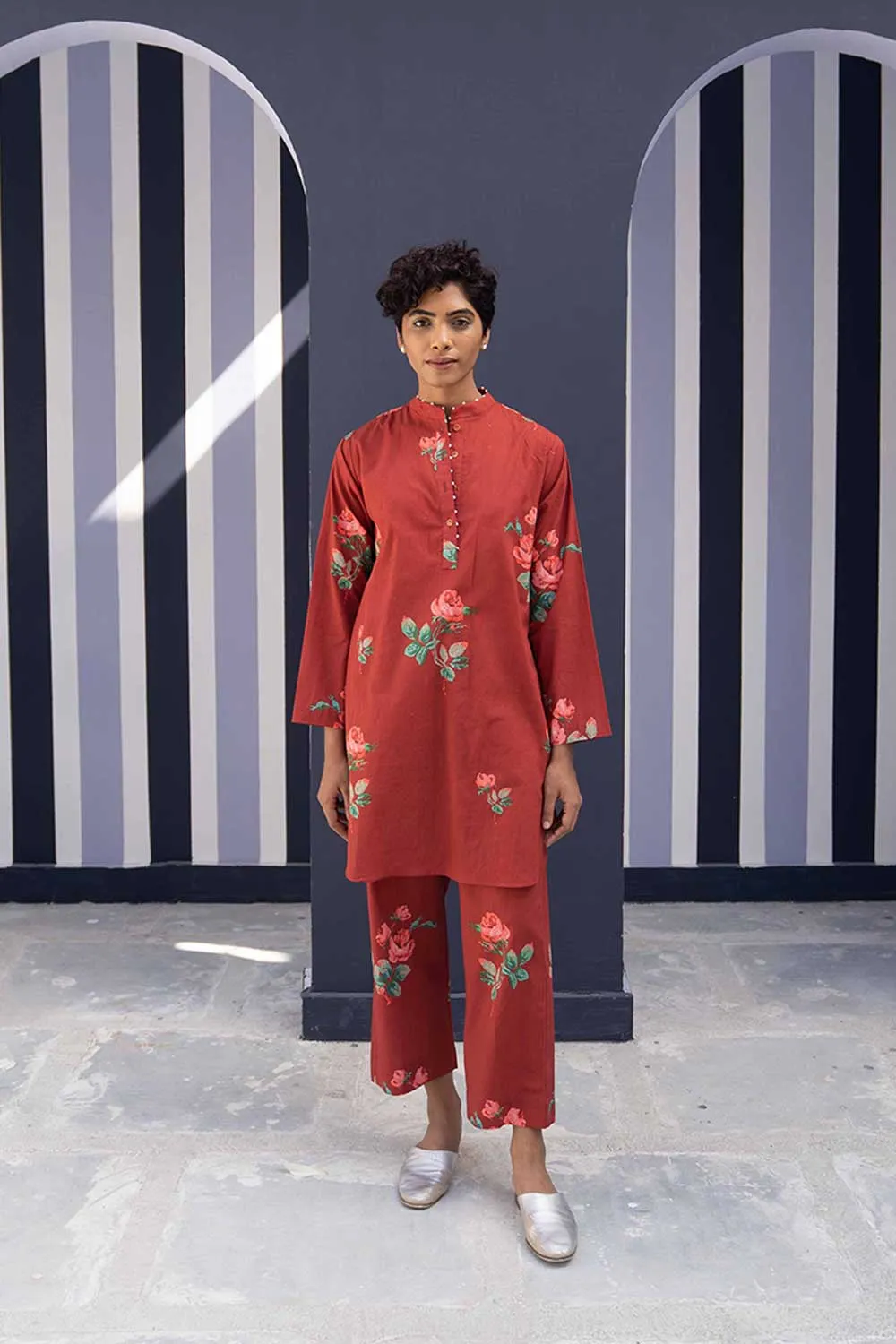 YAM   I   Valencia GULKAND RED KURTA SET 2  (KURTA & PANTS) COTTON RED YAMBILLIE06