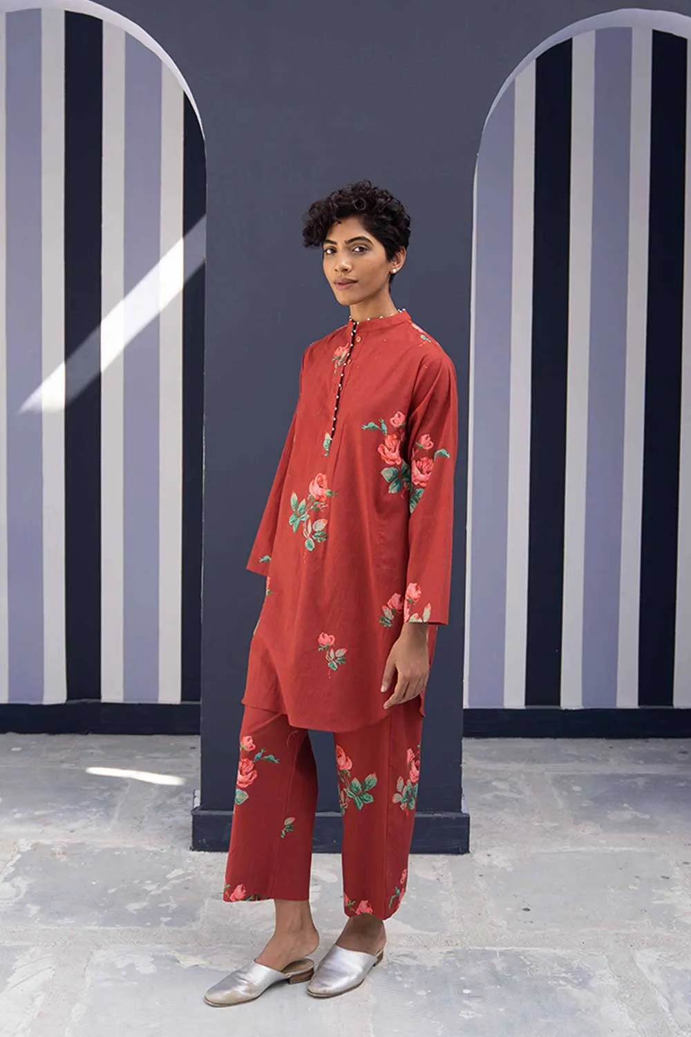YAM   I   Valencia GULKAND RED KURTA SET 2  (KURTA & PANTS) COTTON RED YAMBILLIE06