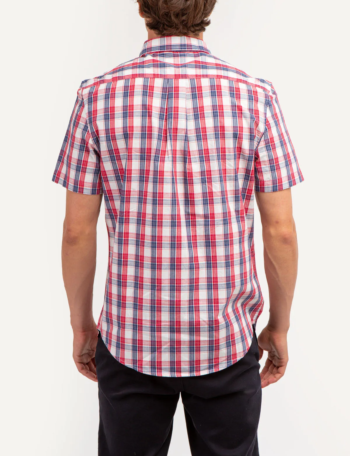 YARN DYE PEACHED POPLIN PLAID SHORT SLEEVE SHIRT