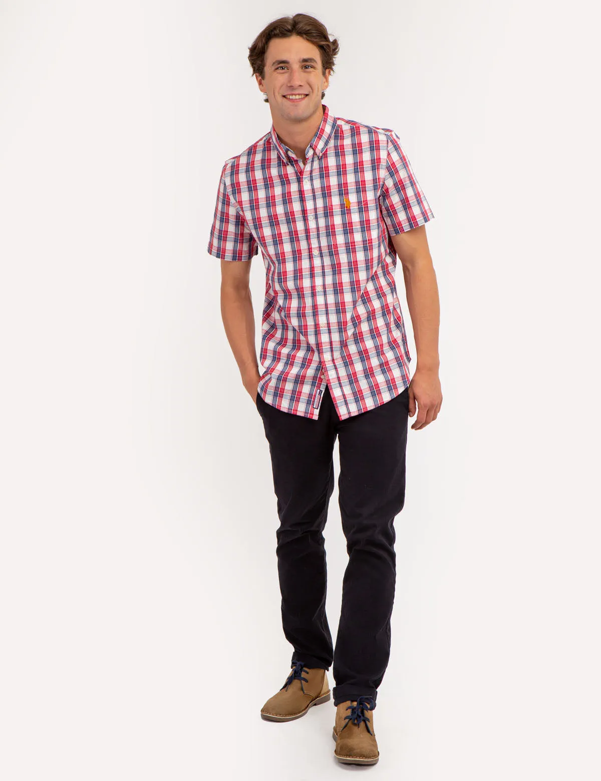 YARN DYE PEACHED POPLIN PLAID SHORT SLEEVE SHIRT