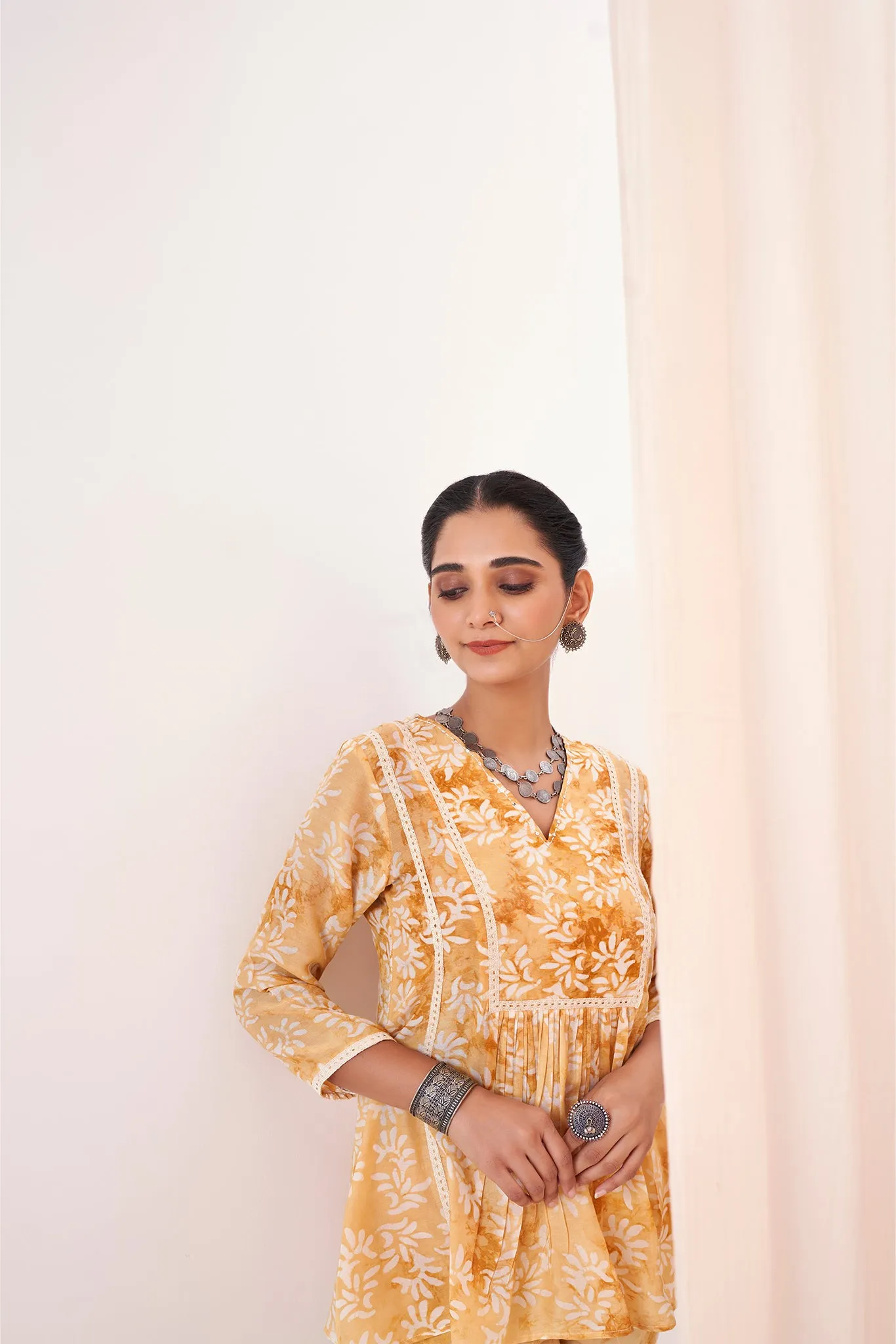 Yellow Batik Printed Viscose Muslin Co-ord Set