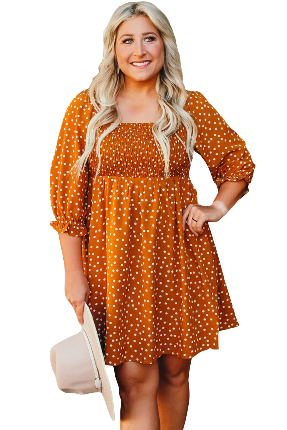 Yellow Boho Dotted Print Smocked Bust Plus Size Dress