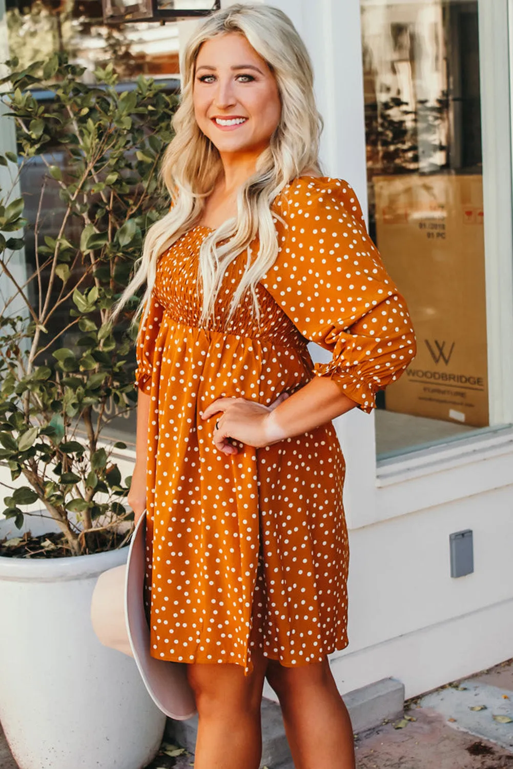 Yellow Boho Dotted Print Smocked Bust Plus Size Dress