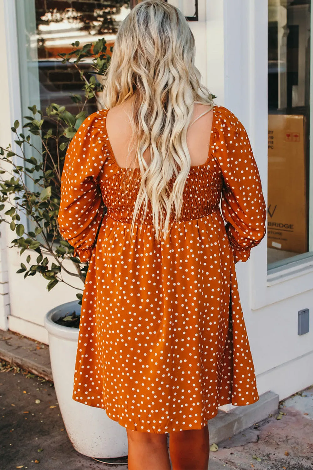 Yellow Boho Dotted Print Smocked Bust Plus Size Dress