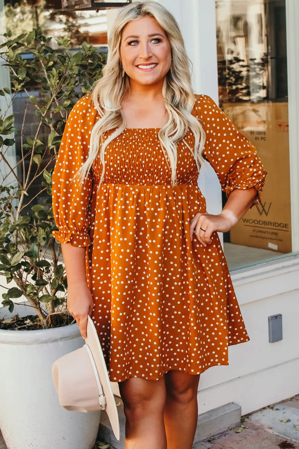 Yellow Boho Dotted Print Smocked Bust Plus Size Dress