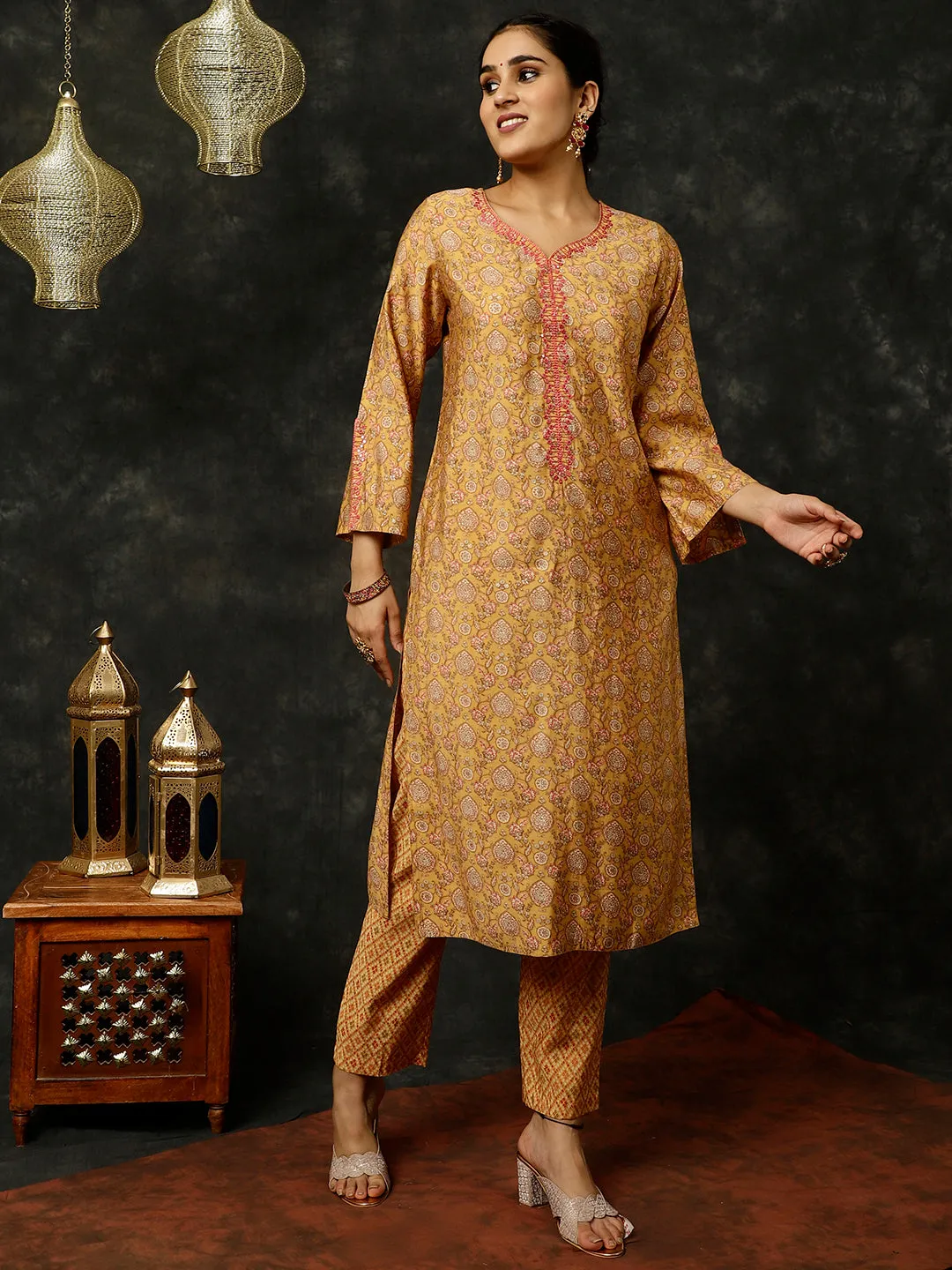 Yellow Foil Printed Kurta With Pants And Dupatta