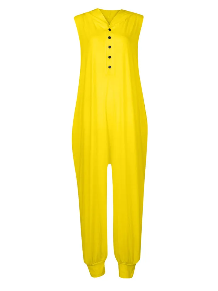 Youth Relaxed Button Hooded Sleeveless Long Jumpsuit for Women