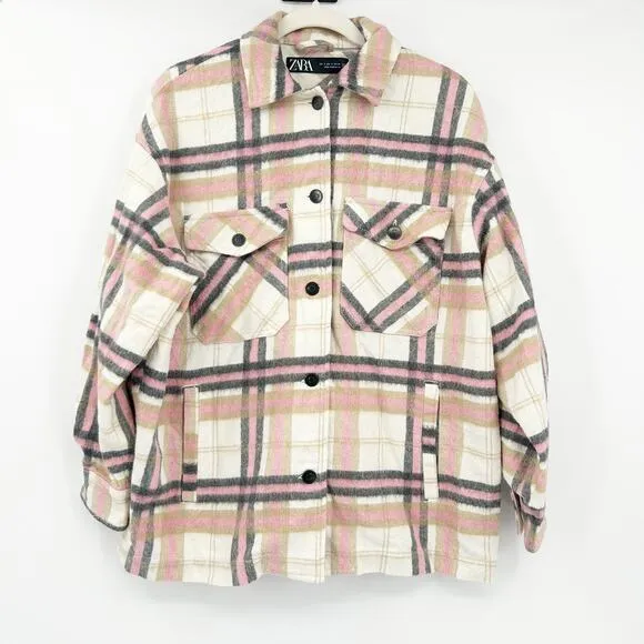 Zara Womens Bloggers Fav Fall Plaid Wool Blend Oversized Shirt Jacket Shacket S
