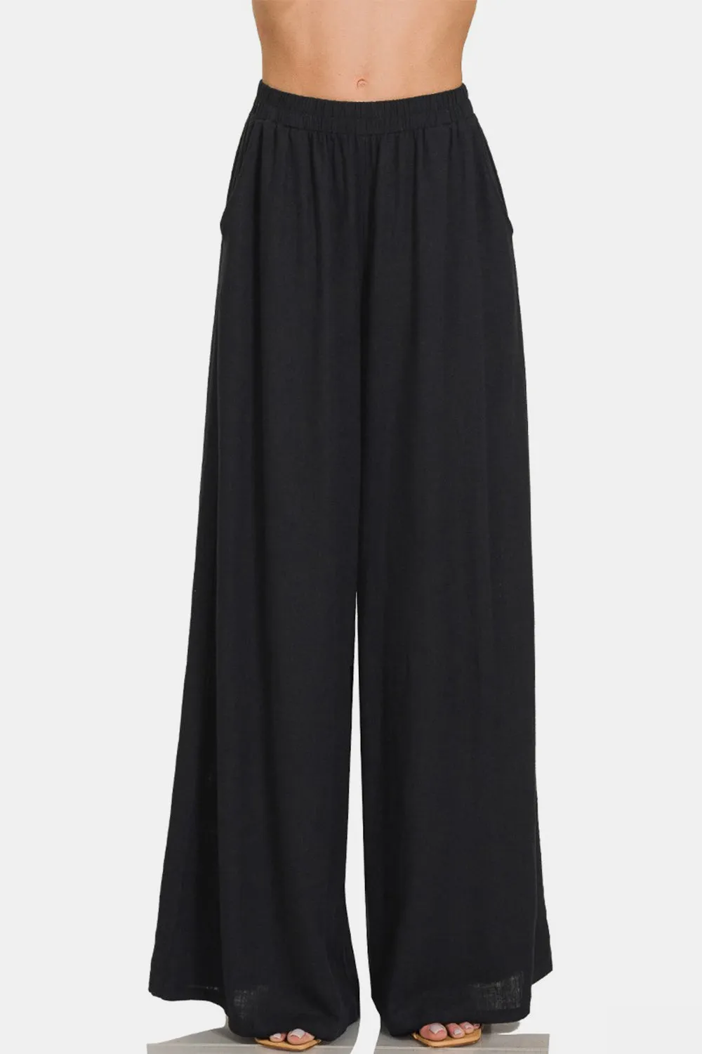 Zenana Black Pleated Linen Blend Wide Leg Pants