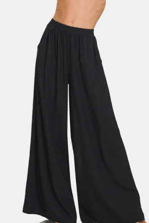 Zenana Black Pleated Linen Blend Wide Leg Pants