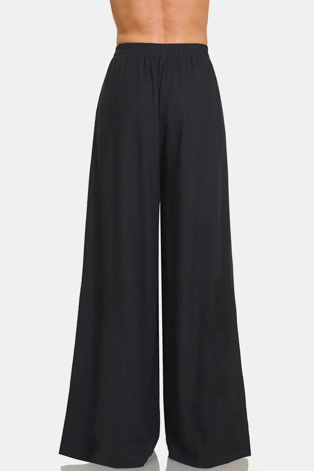 Zenana Black Pleated Linen Blend Wide Leg Pants